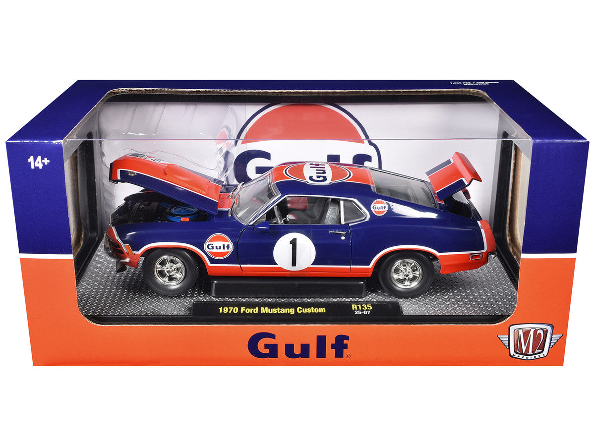 1970 Ford Mustang Custom #1 "Gulf Oil" Dark Blue with Orange Graphics Limited Edition to 7850 pieces Worldwide 1/24 Diecast Model Car by M2 Machines by M2
