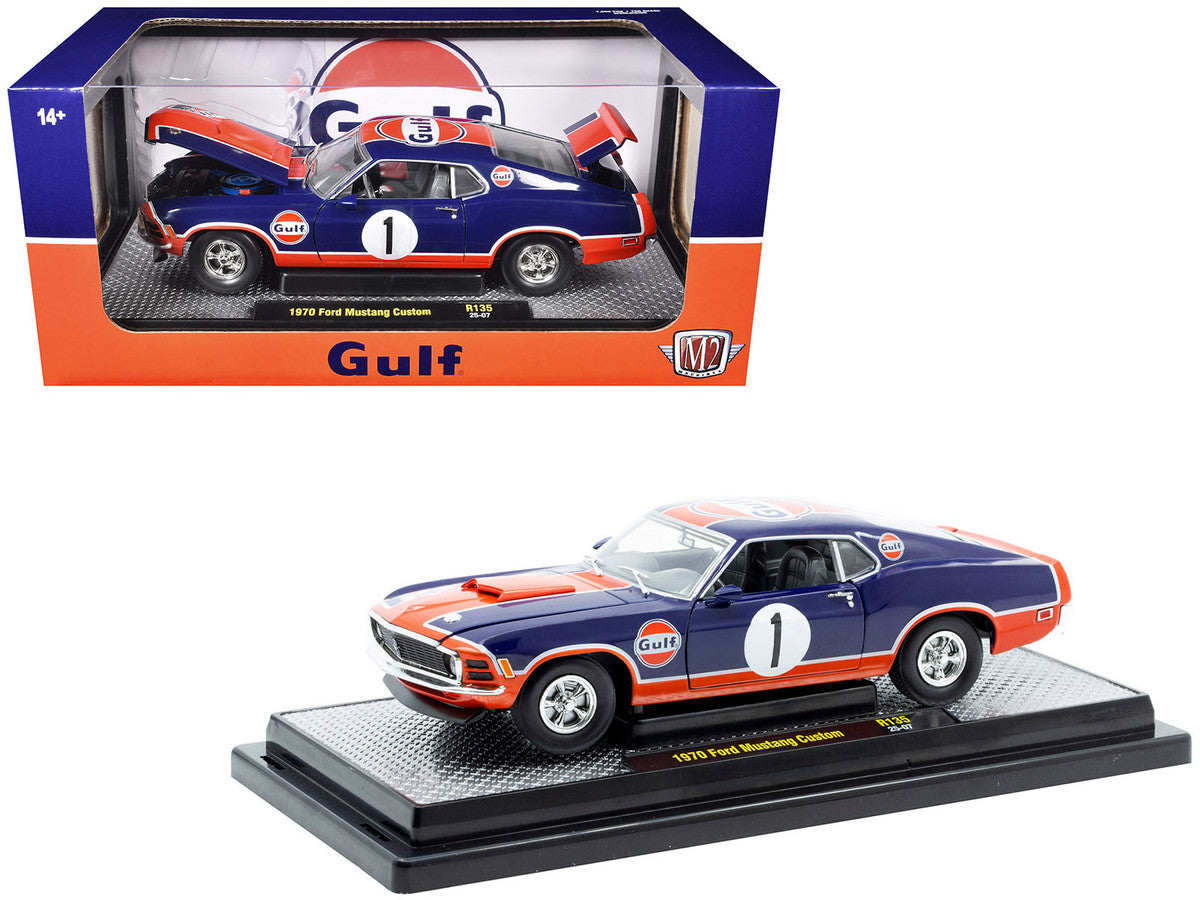 1970 Ford Mustang Custom #1 "Gulf Oil" Dark Blue with Orange Graphics Limited Edition to 7850 pieces Worldwide 1/24 Diecast Model Car by M2 Machines by M2