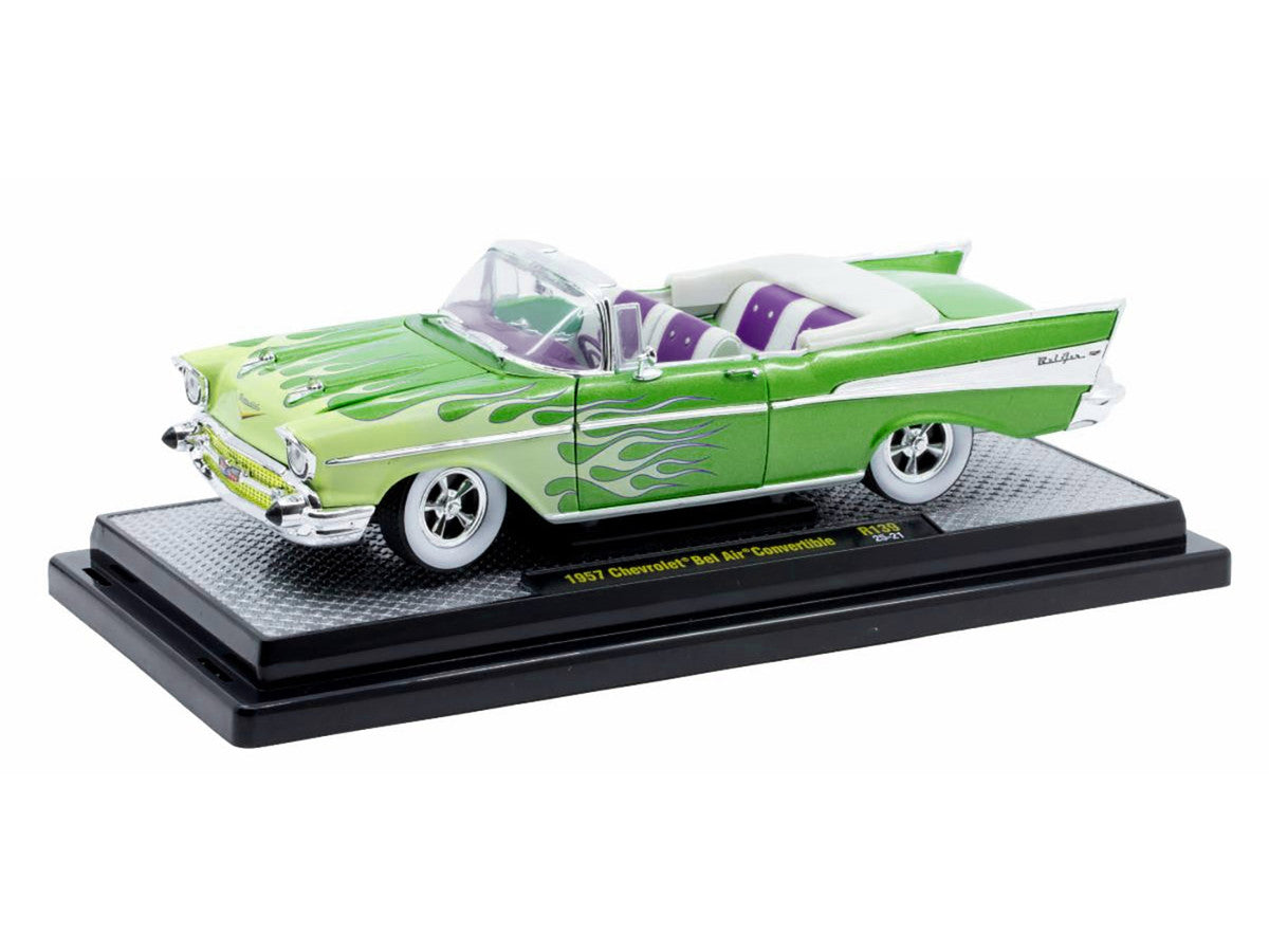 1957 Chevrolet Bel Air Convertible Green Metallic with Flame Graphics and Purple and White Interior Limited Edition to 4050 pieces Worldwide 1/24 Diecast Model Car by M2 Machines by M2