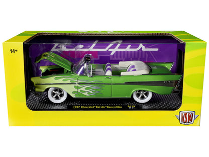 1957 Chevrolet Bel Air Convertible Green Metallic with Flame Graphics and Purple and White Interior Limited Edition to 4050 pieces Worldwide 1/24 Diecast Model Car by M2 Machines by M2