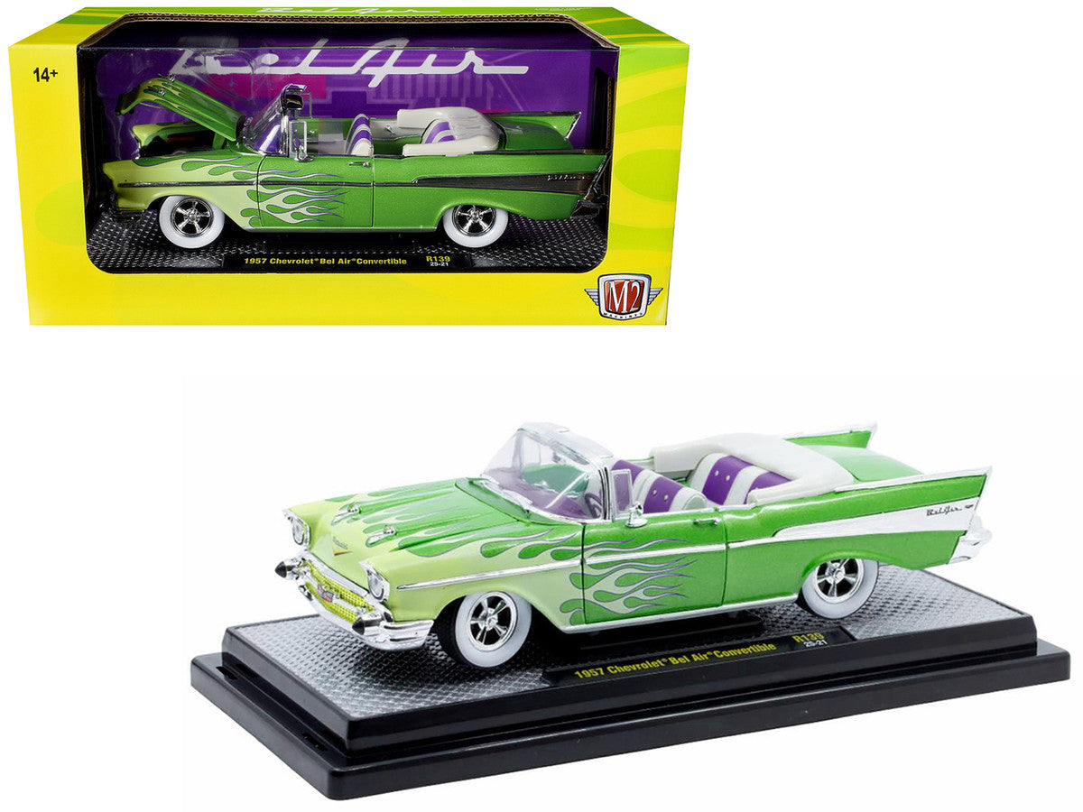 1957 Chevrolet Bel Air Convertible Green Metallic with Flame Graphics and Purple and White Interior Limited Edition to 4050 pieces Worldwide 1/24 Diecast Model Car by M2 Machines by M2