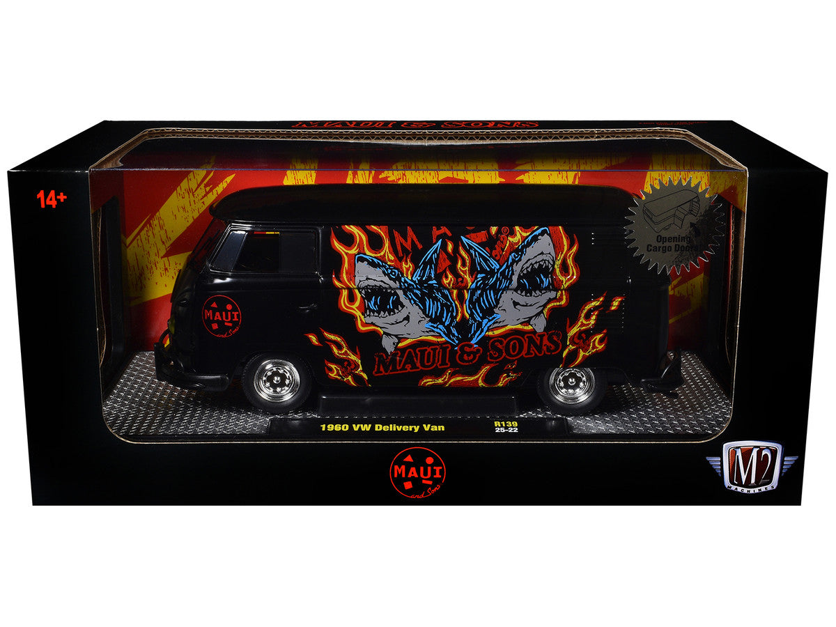1960 Volkswagen Delivery Van "Maui & Sons" Black with Graphics Limited Edition to 4050 pieces Worldwide 1/24 Diecast Model Car by M2 Machines by M2