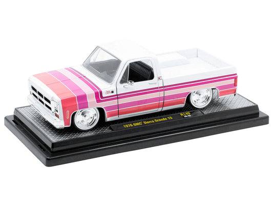 1976 GMC Sierra Grande 15 Pickup Truck White with Stripes Limited Edition to 9250 pieces Worldwide 1/24 Diecast Model Car by M2 Machines by M2