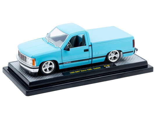 1988 GMC Sierra 1500 Custom Pickup Truck Light Blue with Black Stripes Limited Edition to 9250 pieces Worldwide 1/24 Diecast Model Car by M2 Machines by M2
