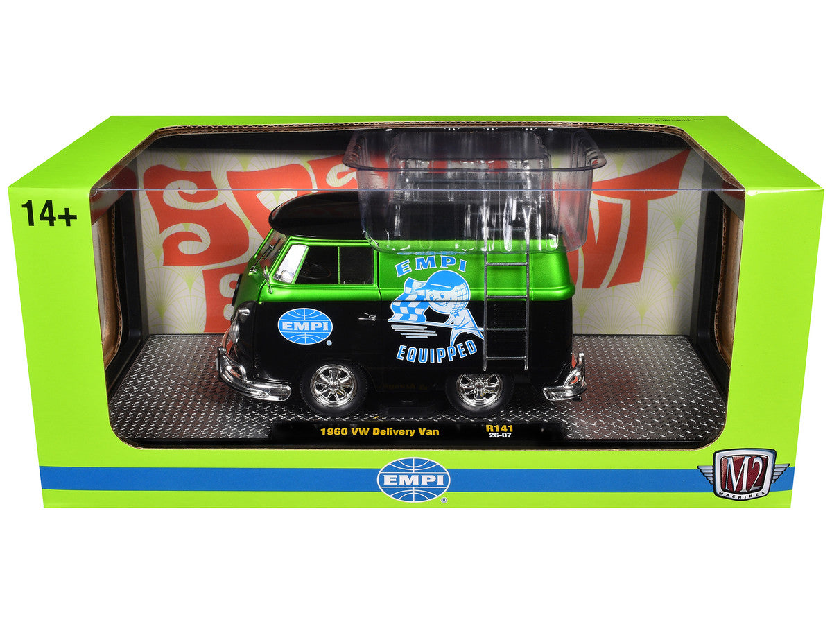 1960 Volkswagen Delivery Van "EMPI Equipped" Black and Green Metallic with Roof Rack and Ladder Limited Edition to 4050 pieces Worldwide 1/24 Diecast Model Car by M2 Machines by M2