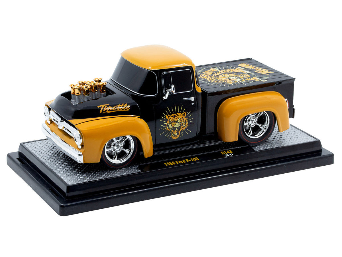 1956 Ford F-100 Pickup Truck "Throttle" Black with Brown Top and Fenders with Graphics Limited Edition to 6250 pieces Worldwide 1/24 Diecast Model Car by M2 Machines by M2