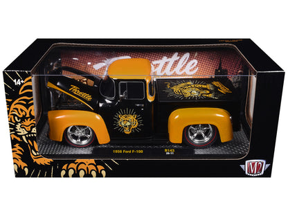 1956 Ford F-100 Pickup Truck "Throttle" Black with Brown Top and Fenders with Graphics Limited Edition to 6250 pieces Worldwide 1/24 Diecast Model Car by M2 Machines by M2