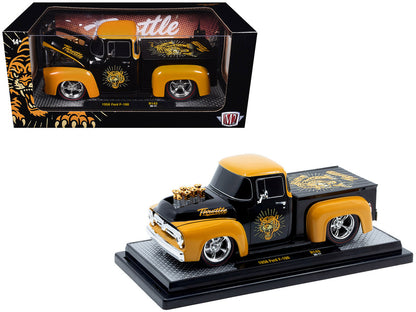 1956 Ford F-100 Pickup Truck "Throttle" Black with Brown Top and Fenders with Graphics Limited Edition to 6250 pieces Worldwide 1/24 Diecast Model Car by M2 Machines by M2