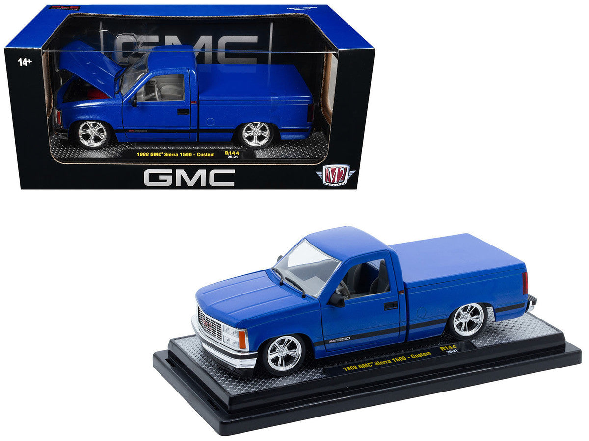 1988 GMC Sierra 1500 Custom Pickup Truck Blue Metallic with Black Stripes Limited Edition to 4850 pieces Worldwide 1/24 Diecast Model Car by M2 Machines-0
