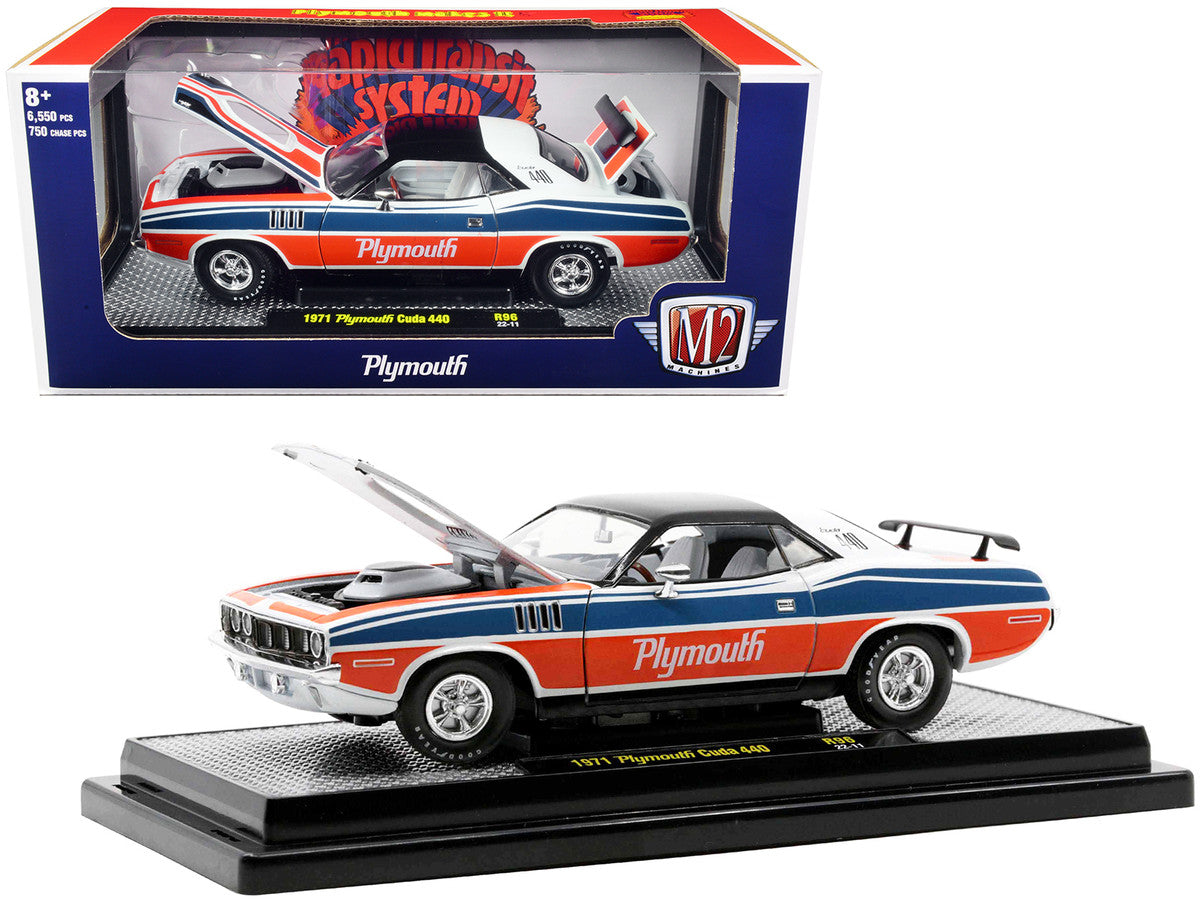 1971 Plymouth Barracuda 440 Pearl White with Blue and Red Stripes and Black Top Limited Edition to 6550 pieces Worldwide 1/24 Diecast Model Car by M2 Machines by M2