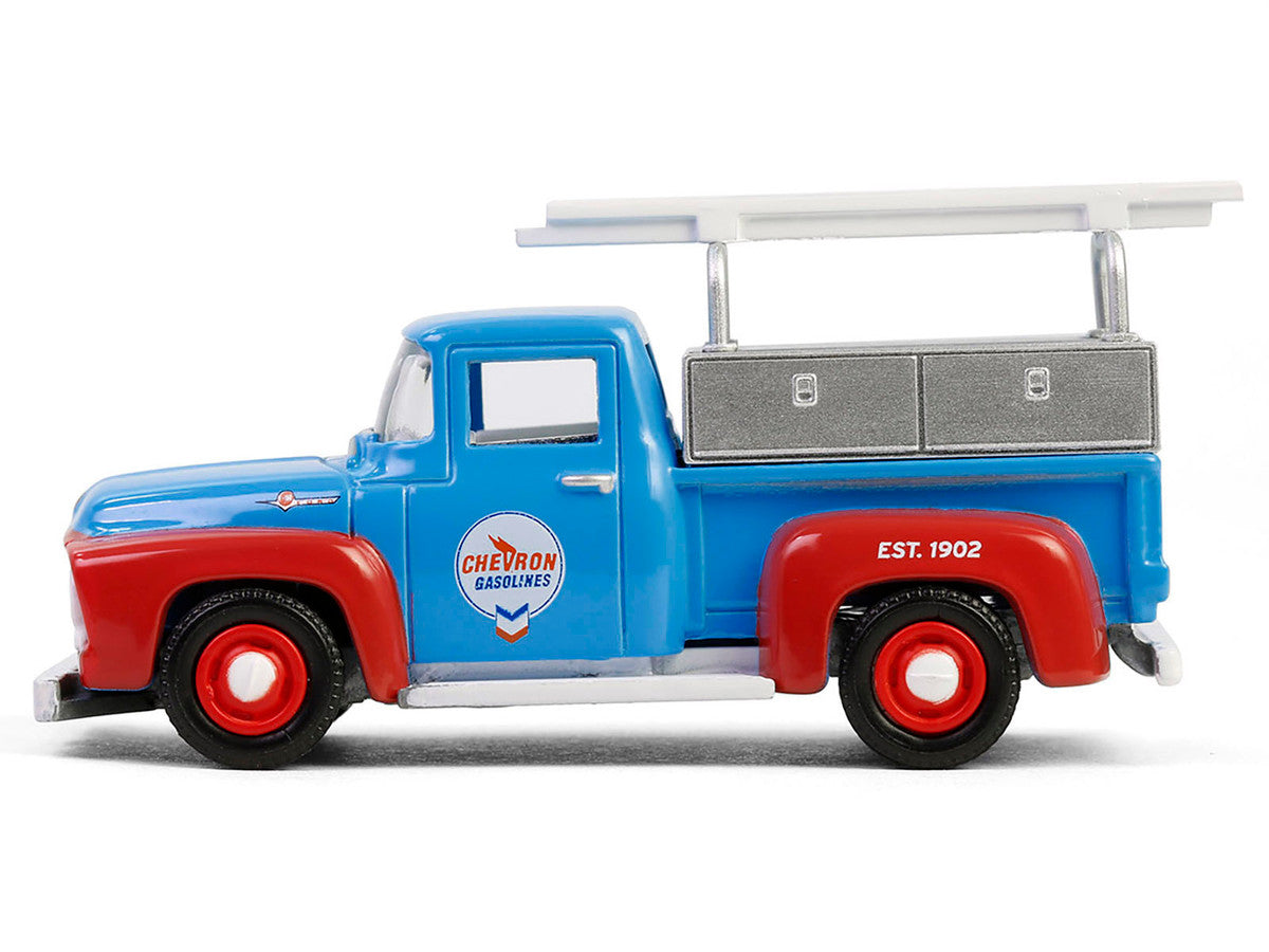 1956 Ford F-100 Pickup Truck with Tool Boxes and Ladders "Chevron" Blue and Red "Chevron Special Edition" Series 1 1/64 Diecast Model Car by Greenlight by Greenlight