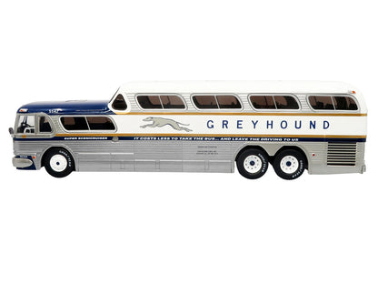 GM PD-4501 Scenicruiser Coach Bus "Greyhound Bus Lines - 50th Anniversary" Raw Metal with Blue and White Top and Gold Stripes "The Bus & Motorcoach Collection" 1/43 Plastic Model by Iconic Replicas by Iconic Replicas