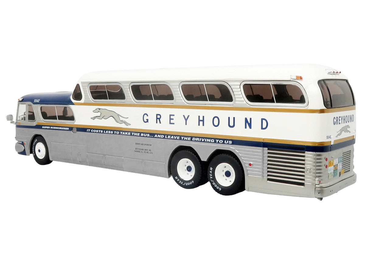 GM PD-4501 Scenicruiser Coach Bus "Greyhound Bus Lines - 50th Anniversary" Raw Metal with Blue and White Top and Gold Stripes "The Bus & Motorcoach Collection" 1/43 Plastic Model by Iconic Replicas by Iconic Replicas