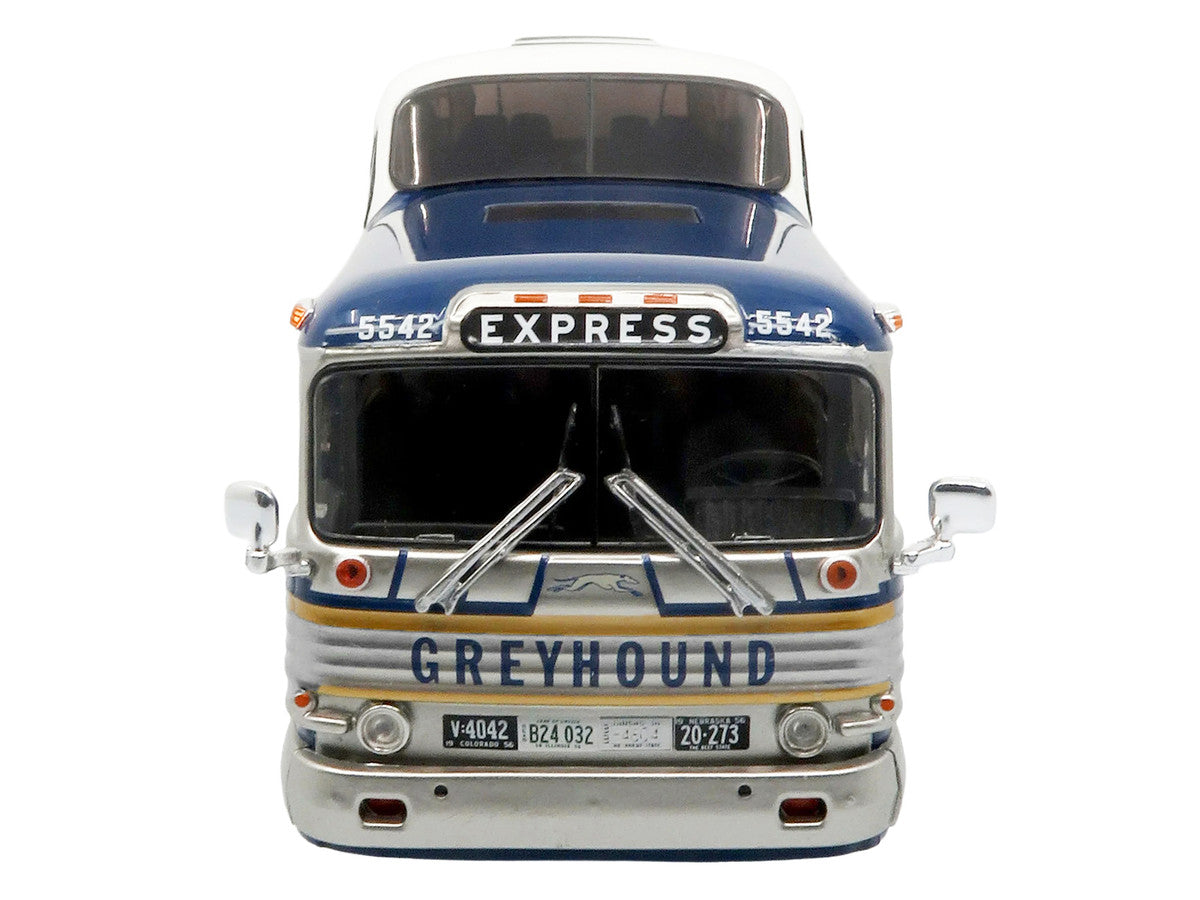 GM PD-4501 Scenicruiser Coach Bus "Greyhound Bus Lines - 50th Anniversary" Raw Metal with Blue and White Top and Gold Stripes "The Bus & Motorcoach Collection" 1/43 Plastic Model by Iconic Replicas by Iconic Replicas