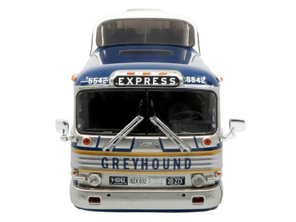 GM PD-4501 Scenicruiser Coach Bus "Greyhound Bus Lines - 50th Anniversary" Raw Metal with Blue and White Top and Gold Stripes "The Bus & Motorcoach Collection" 1/43 Plastic Model by Iconic Replicas by Iconic Replicas