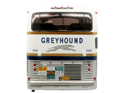 GM PD-4501 Scenicruiser Coach Bus "Greyhound Bus Lines - 50th Anniversary" Raw Metal with Blue and White Top and Gold Stripes "The Bus & Motorcoach Collection" 1/43 Plastic Model by Iconic Replicas by Iconic Replicas