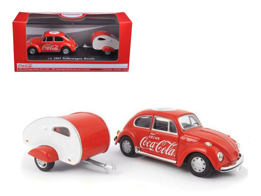 1967 Volkswagen Beetle Red with Teardrop Travel Trailer Red and White "Coca-Cola" 1/43 Diecast Model Car by Motorcity Classics by Motorcity Classics