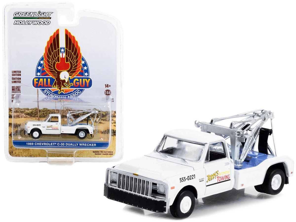 1969 Chevrolet C-30 Dually Wrecker Tow Truck White "Jerry’s Towing" "Fall Guy Stuntman Association" Hollywood Special Edition 1/64 Diecast Model Car by Greenlight by Greenlight