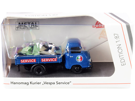 Hanomag Kurier Transporter "Vespa Service" Blue with 2 Vespas (Green and Cream) 1/87 (HO) Diecast Models by Schuco by Schuco