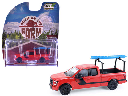 2015 Ford F-150 Pickup Truck with Ladder Rack Red with Black Stripes "Down on the Farm" Series 11 1/64 Diecast Model by Greenlight by Greenlight