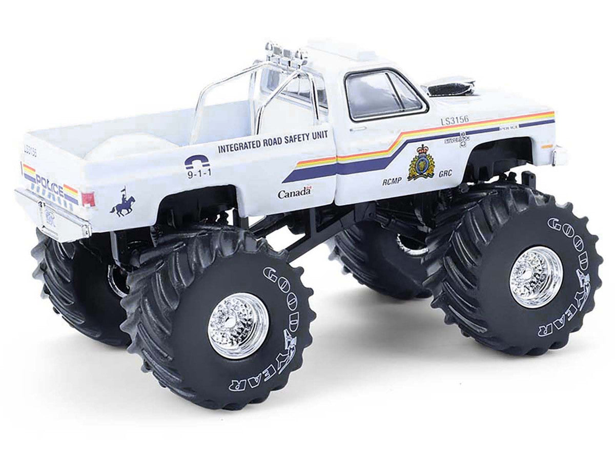1986 Chevrolet Silverado Monster Truck "Royal Canadian Mounted Police" White with Stripes "Kings of Crunch - Hot Pursuit" Special Edition 1/64 Diecast Model Car by Greenlight by Greenlight