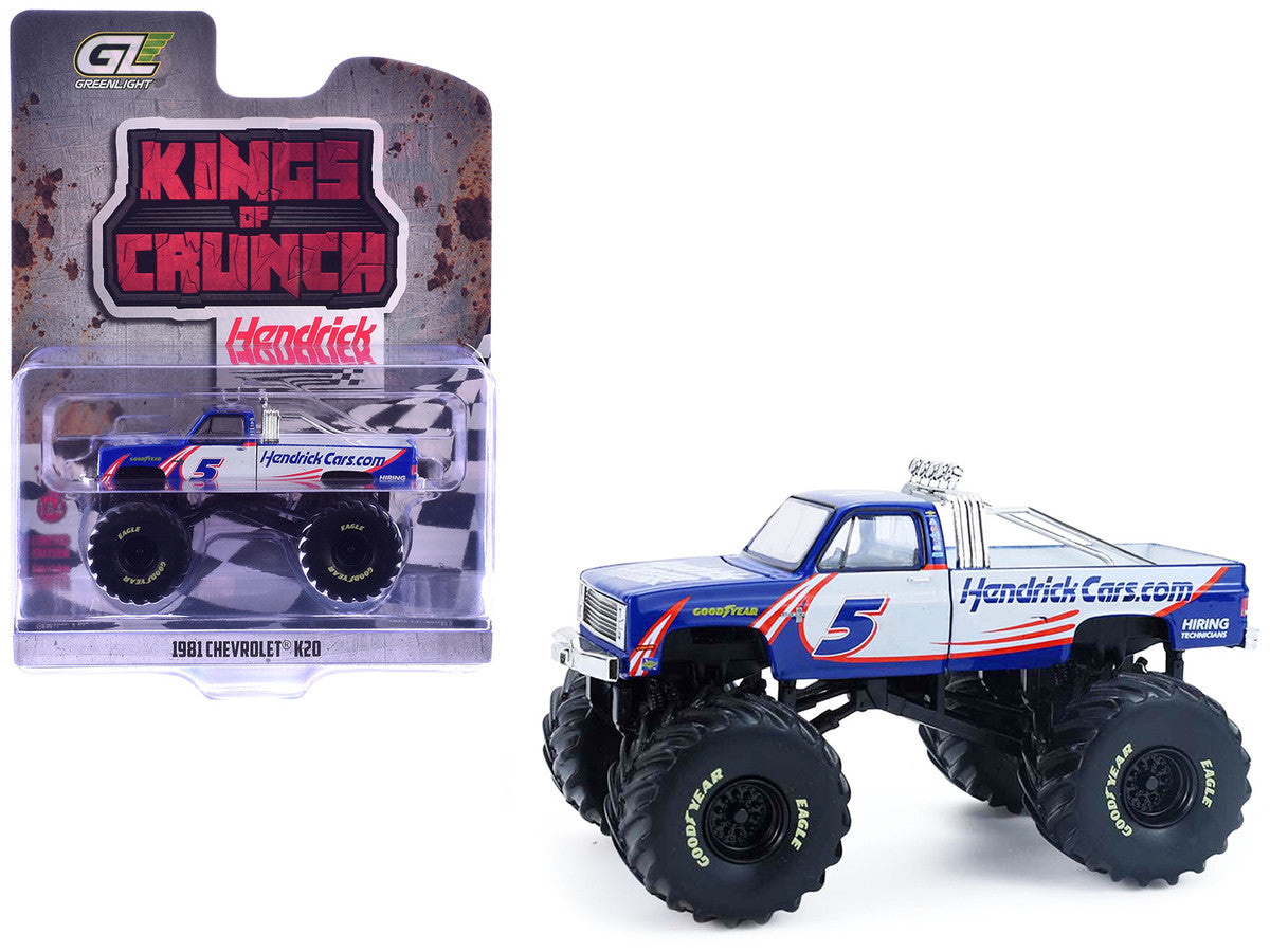 1981 Chevrolet K20 Monster Truck #5 "HendrickCars.com" Blue and White with Graphics "Kings of Crunch - Hendrick Motorsports Tribute" Special Edition 1/64 Diecast Model Car by Greenlight by Greenlight