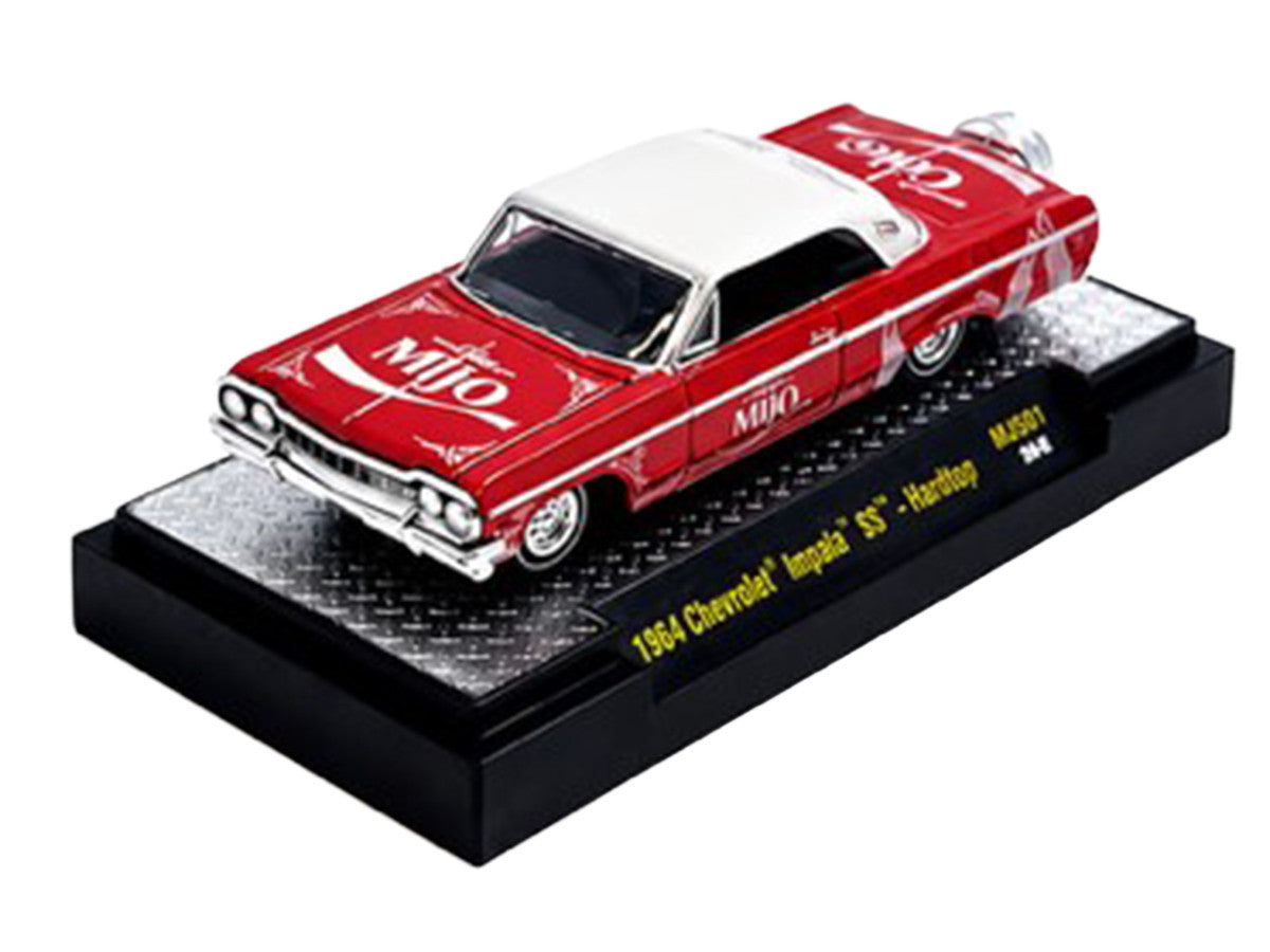 1964 Chevrolet Impala SS Lowrider "Coca Cola" Red with White Top and Graphics Limited Edition to 9340 pieces Worldwide 1/64 Diecast Model Car by M2 Machines by M2