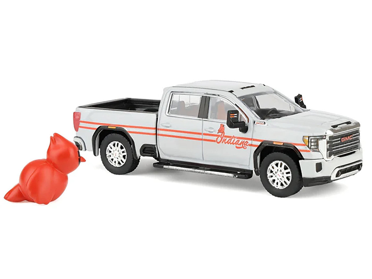 2022 GMC Sierra 3500 HD Pickup Truck "Indiana Cardinals" Silver Metallic with Red Stripes and Cardinal Figure "2025 Greenlight Waltersons Collector's Expo Exclusive" 1/64 Diecast Model Car by Greenlight by Greenlight