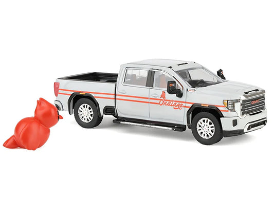 2022 GMC Sierra 3500 HD Pickup Truck "Indiana Cardinals" Silver Metallic with Red Stripes and Cardinal Figure "2025 Greenlight Waltersons Collector's Expo Exclusive" 1/64 Diecast Model Car by Greenlight by Greenlight