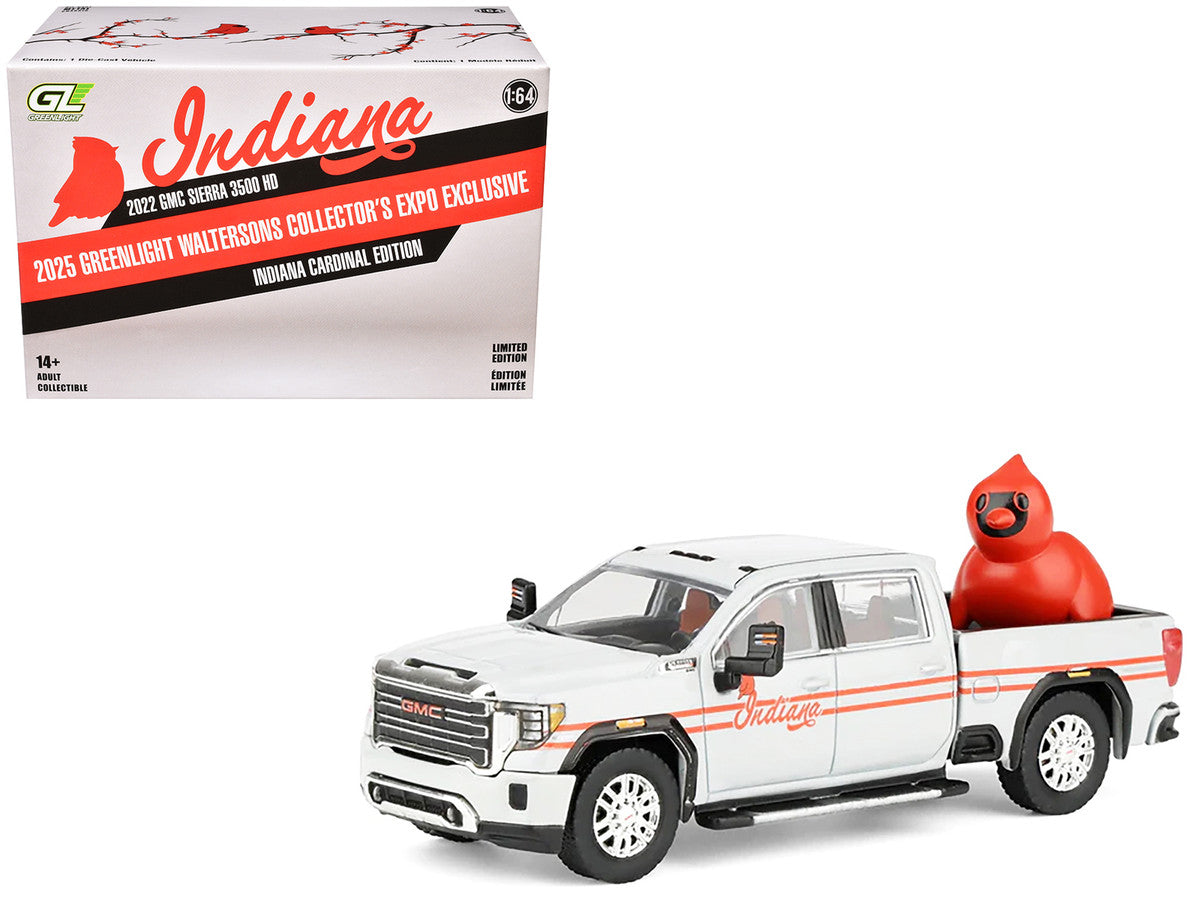 2022 GMC Sierra 3500 HD Pickup Truck "Indiana Cardinals" Silver Metallic with Red Stripes and Cardinal Figure "2025 Greenlight Waltersons Collector's Expo Exclusive" 1/64 Diecast Model Car by Greenlight by Greenlight