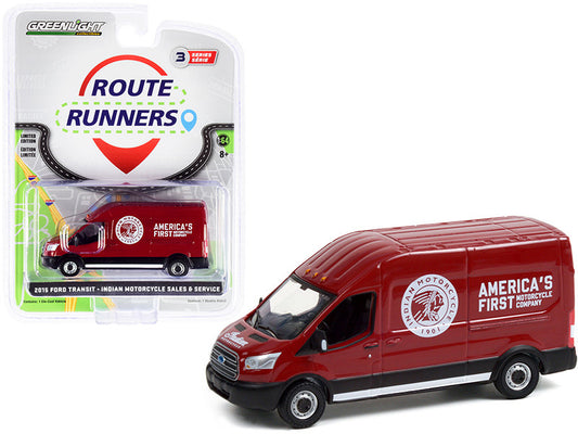 2015 Ford Transit LWB High Roof Van Burgundy "Indian Motorcycle Sales & Service" "Route Runners" Series 3 1/64 Diecast Model by Greenlight by Greenlight