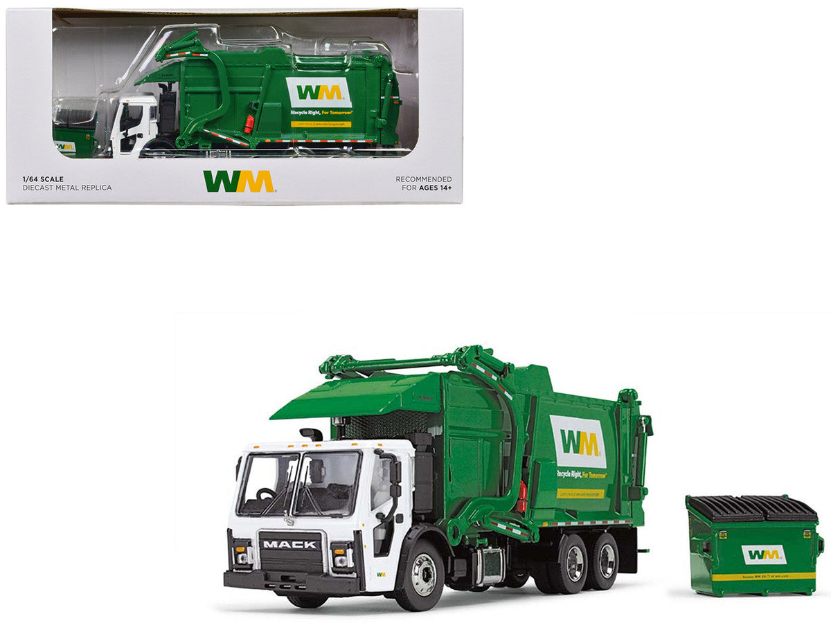 Mack LR Garbage Truck with McNeilus Meridian Front Load Refuse Body White and Green with Refuse Bin "Waste Management" 1/64 Diecast Model by First Gear by First Gear