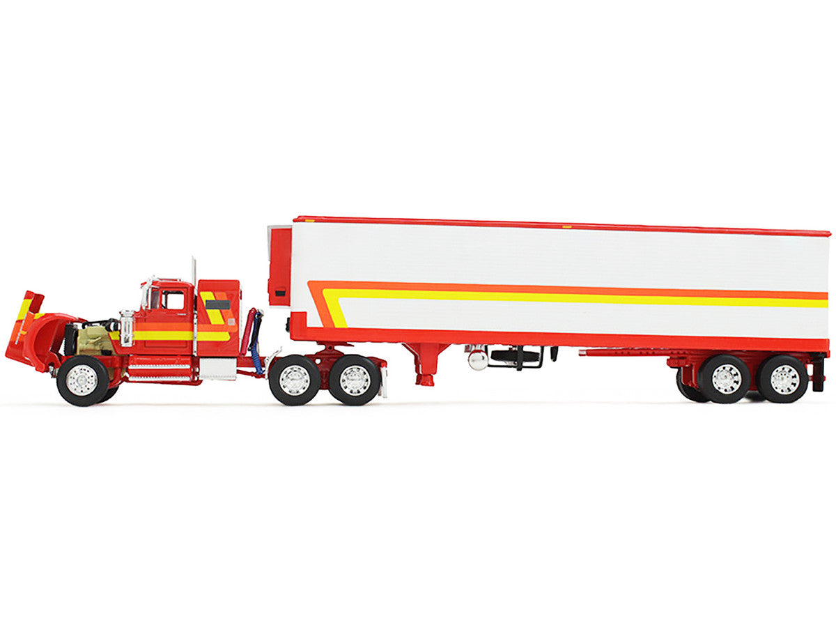 White Western Star 4900 with 36" Vintage Flat Top Sleeper and Wilson 40' Vintage Refridgerated Trailer Red and White with Stripes 1/64 Diecast Model by DCP/First Gear by First Gear