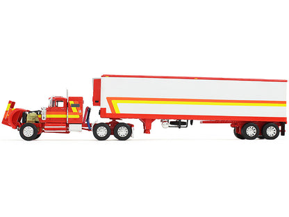 White Western Star 4900 with 36" Vintage Flat Top Sleeper and Wilson 40' Vintage Refridgerated Trailer Red and White with Stripes 1/64 Diecast Model by DCP/First Gear by First Gear