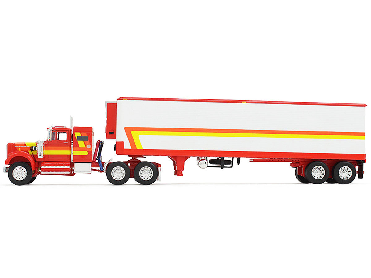 White Western Star 4900 with 36" Vintage Flat Top Sleeper and Wilson 40' Vintage Refridgerated Trailer Red and White with Stripes 1/64 Diecast Model by DCP/First Gear by First Gear