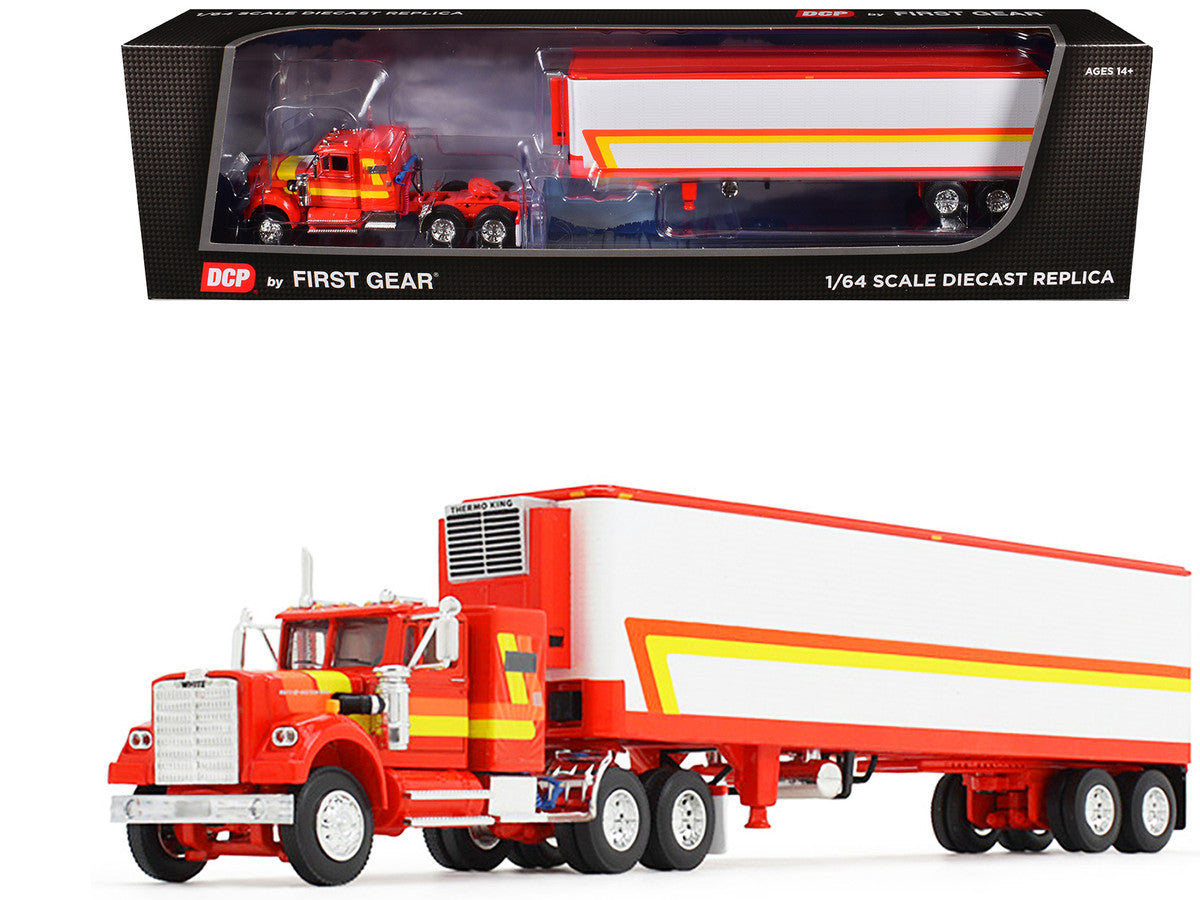 White Western Star 4900 with 36" Vintage Flat Top Sleeper and Wilson 40' Vintage Refridgerated Trailer Red and White with Stripes 1/64 Diecast Model by DCP/First Gear by First Gear