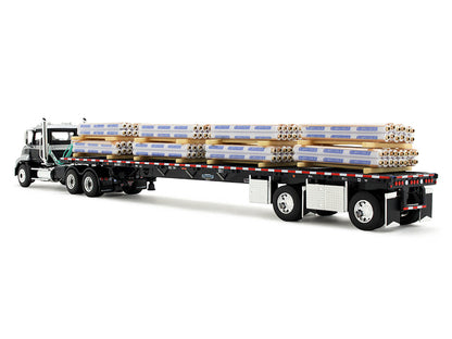 Mack Pinnacle Day Cab with Minimizer Parts & 53' Wilson Roadbrute Flatbed Trailer with "Carlisle Roofing" Loaded Pallets Black with Silver Top and Stripes 1/64 Diecast Model by DCP/First Gear by First Gear