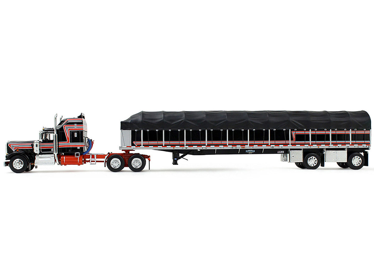 Kenworth W900A with 60" Aerodyne Sleeper and 53’ Wilson Roadbrute Flatbed Trailer with Covered Wagon Black with Red Stripes 1/64 Diecast Model by DCP/First Gear by First Gear