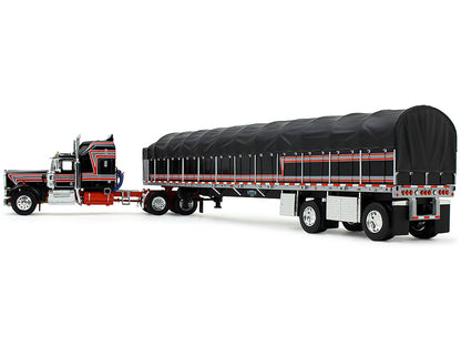 Kenworth W900A with 60" Aerodyne Sleeper and 53’ Wilson Roadbrute Flatbed Trailer with Covered Wagon Black with Red Stripes 1/64 Diecast Model by DCP/First Gear by First Gear
