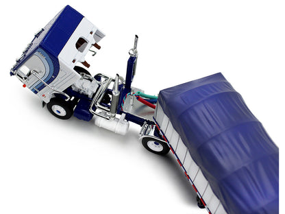 Peterbilt 352 COE 110" Sleeper and 53’ Wilson Roadbrute Flatbed Trailer with Covered Wagon White with Blue Stripes 1/64 Diecast Model by DCP/First Gear by First Gear