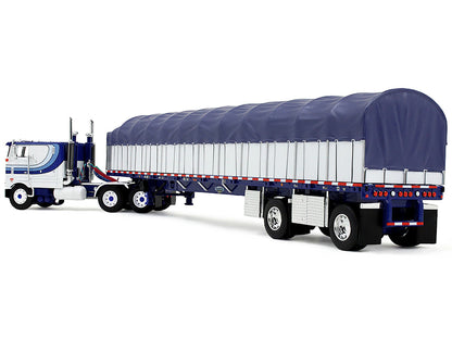 Peterbilt 352 COE 110" Sleeper and 53’ Wilson Roadbrute Flatbed Trailer with Covered Wagon White with Blue Stripes 1/64 Diecast Model by DCP/First Gear by First Gear