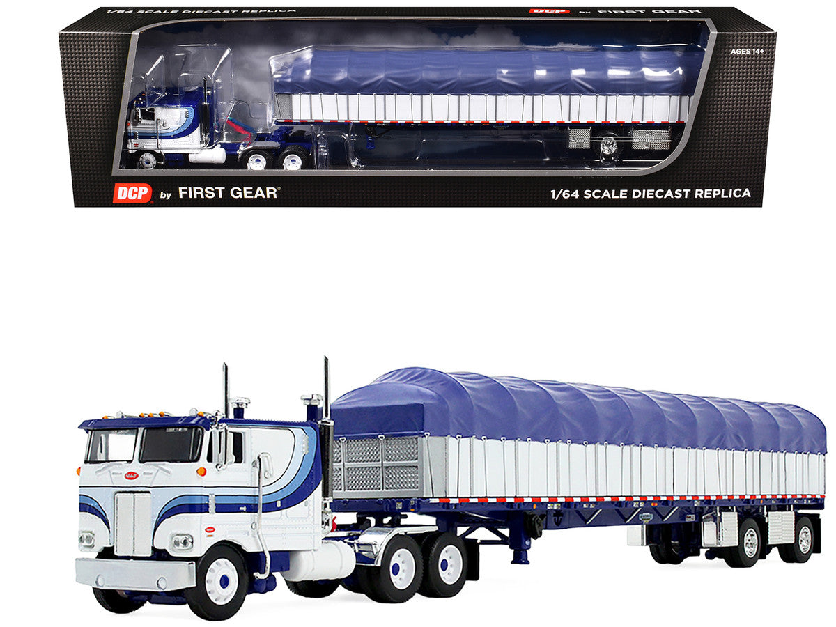 Peterbilt 352 COE 110" Sleeper and 53’ Wilson Roadbrute Flatbed Trailer with Covered Wagon White with Blue Stripes 1/64 Diecast Model by DCP/First Gear by First Gear