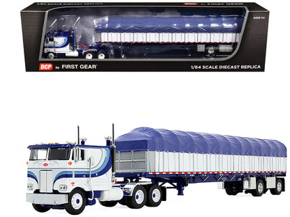 Peterbilt 352 COE 110" Sleeper and 53’ Wilson Roadbrute Flatbed Trailer with Covered Wagon White with Blue Stripes 1/64 Diecast Model by DCP/First Gear by First Gear