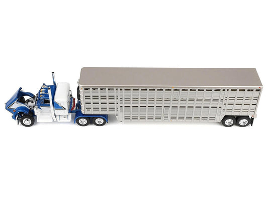 Kenworth W900A with 36" Sleeper and 45' Wilson Vintage Livestock Trailer Mariner Blue and White with Silver Trailer 1/64 Diecast Model by DCP/First Gear by First Gear