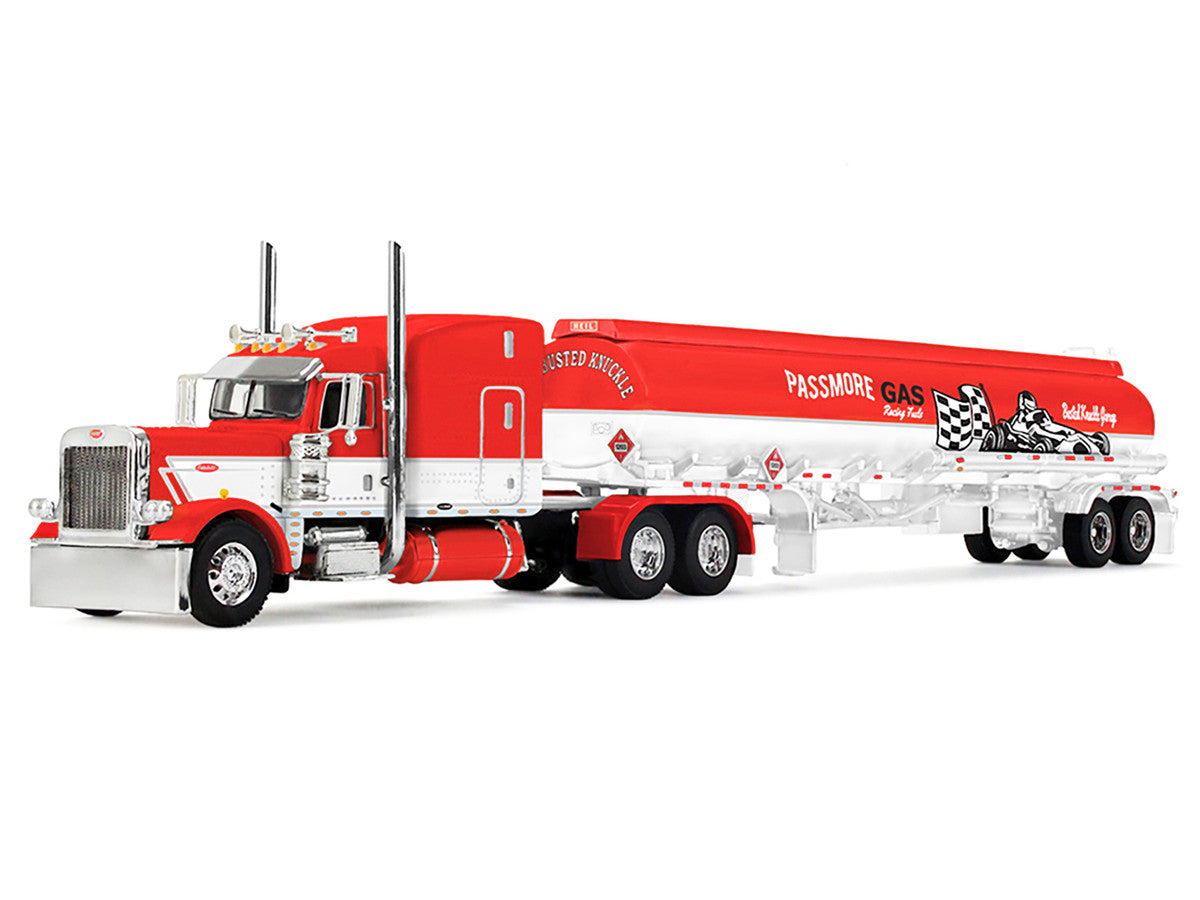 Peterbilt 389 with 63" Mid-Roof Sleeper and Heil Fuel Tank Trailer "Busted Knuckle Garage" Red and White 1/64 Diecast Model by DCP/First Gear by First Gear