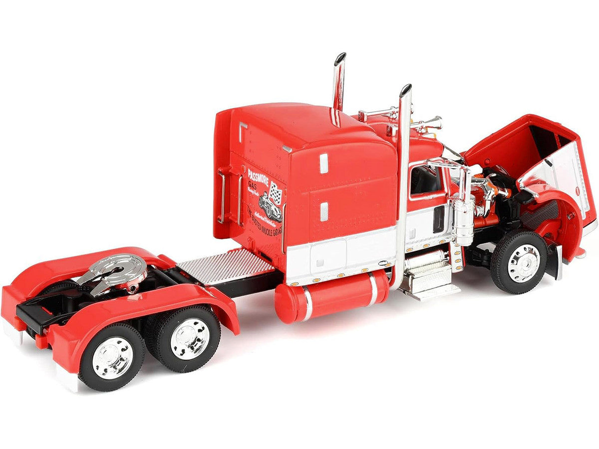 Peterbilt 389 with 63" Mid-Roof Sleeper and Heil Fuel Tank Trailer "Busted Knuckle Garage" Red and White 1/64 Diecast Model by DCP/First Gear by First Gear