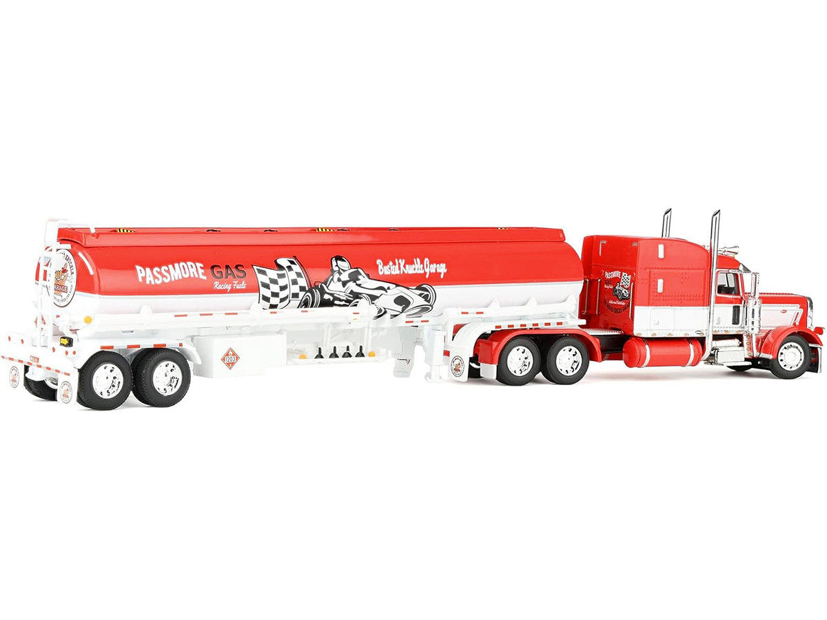 Peterbilt 389 with 63" Mid-Roof Sleeper and Heil Fuel Tank Trailer "Busted Knuckle Garage" Red and White 1/64 Diecast Model by DCP/First Gear by First Gear