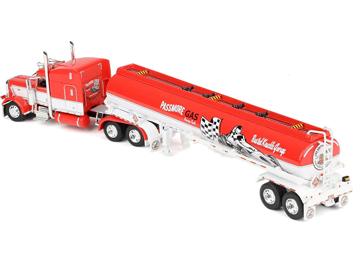 Peterbilt 389 with 63" Mid-Roof Sleeper and Heil Fuel Tank Trailer "Busted Knuckle Garage" Red and White 1/64 Diecast Model by DCP/First Gear by First Gear