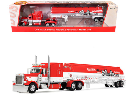 Peterbilt 389 with 63" Mid-Roof Sleeper and Heil Fuel Tank Trailer "Busted Knuckle Garage" Red and White 1/64 Diecast Model by DCP/First Gear by First Gear