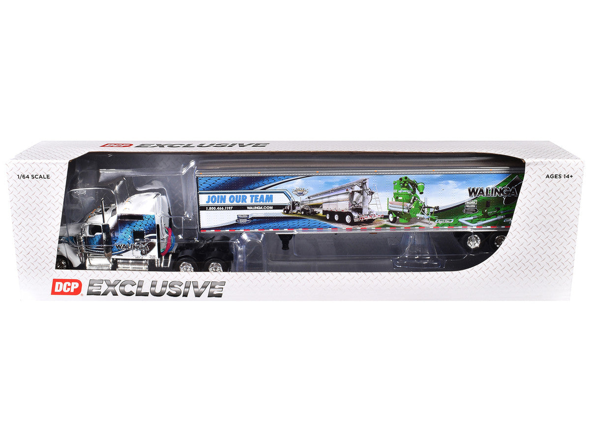 Kenworth W900L with 86" Studio Sleeper and 53' Utility Trailer with Skirts "Walinga" White with Blue Graphics 1/64 Diecast Model by DCP/First Gear by First Gear